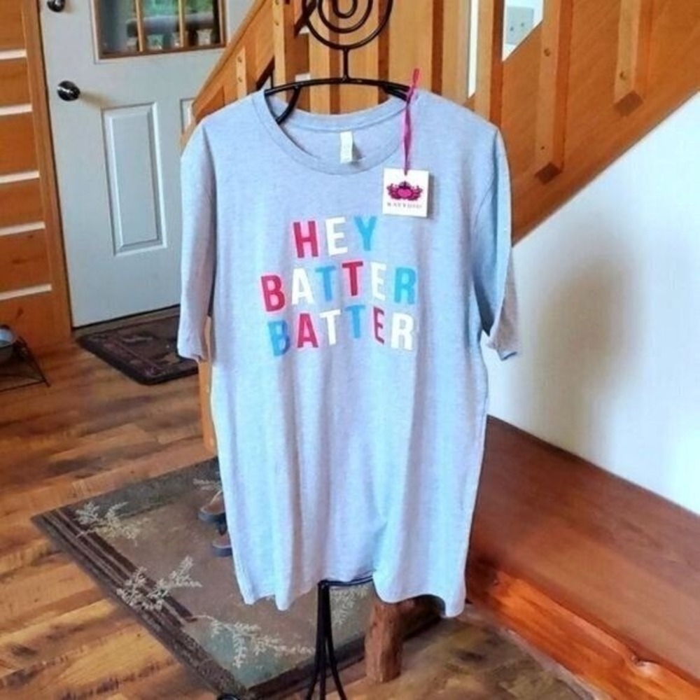 KatyDid Graphic "Hey Batter Batter"‎ Grey Short Sleeve Sz. L Tshirt